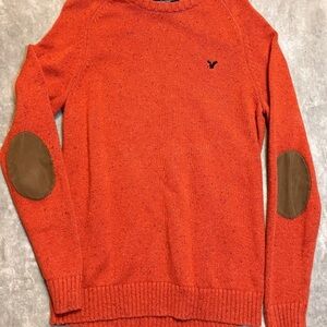 American Eagle Outfitters Orange Crewneck Sweater with Brown Elbow Patches